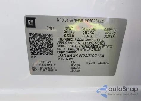 2018 Chevrolet Traverse 1Lt из США, поврежденный, VIN 1GNERGKW0JJ107154